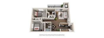 A 3D rendered image of a house layout.