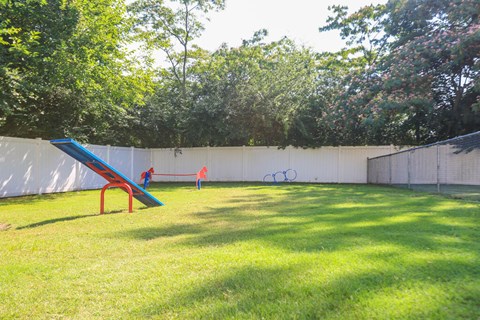 A blue and red slide in a grassy area with trees in the background.
