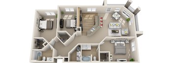 A 3D floor plan of a house with various rooms and furniture.