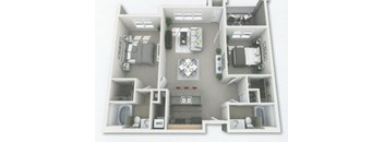 A 3D floor plan of a house with a kitchen, living room, and two bedrooms.