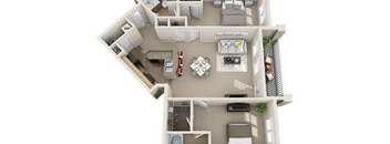 A top-down view of a house interior with a living room, kitchen, and two bedrooms.