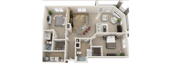A 3D floor plan of a house with a kitchen, living room, and two bedrooms.