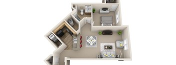 A 3D floor plan of a small apartment with a living room, kitchen, and bedroom.