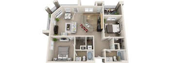 A 3D rendered image of a house layout.