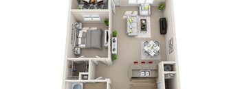 A top-down view of a small apartment with a kitchen, living room, and bedroom.