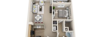A 3D floor plan of a small apartment with a kitchen, living room, and bathroom.