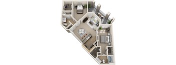 A 3D floor plan of a house showing the layout of the rooms.