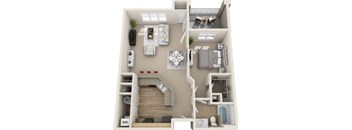 A 3D floor plan of a small apartment with a kitchen, living room, and bedroom.