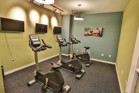 A gym room with exercise bikes and a television.