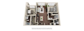 A 3D rendered image of a house layout.