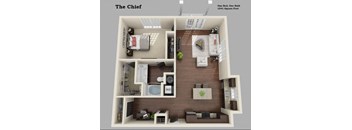A 3D floor plan of a one bedroom, one bathroom apartment.