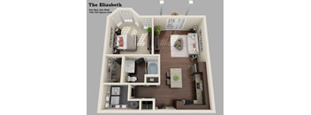 A 3D floor plan of a one bedroom, one bath apartment named The Elizabeth.