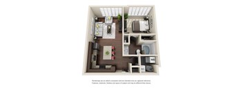 A floor plan of a small apartment with a kitchen, living room, and bathroom.