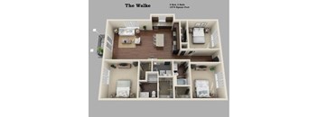 A 3 bedroom, 2 bathroom apartment with a total area of 1474 square feet.