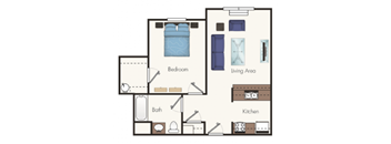 A simple floor plan of a small apartment with a bedroom, living area, and kitchen.