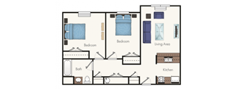 A floor plan of a house with two bedrooms, a living area, a kitchen, and a bathroom.