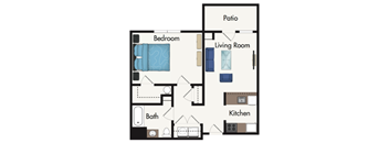 A floor plan of a house with a bedroom, living room, kitchen, and bathroom.