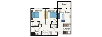 A floor plan of a house with two bedrooms, a living room, a kitchen, and a bathroom.