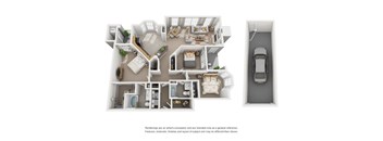 A top-down view of a house layout with a car parked outside.