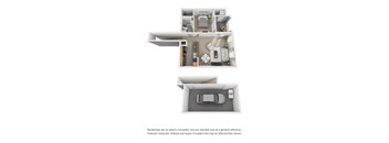A floor plan of a house with a garage and a car.