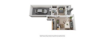 A top-down view of a house with a car parked in the garage.