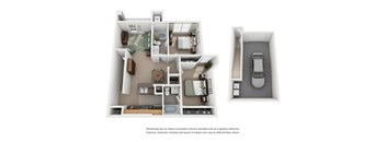 A 3D floor plan of a house with a kitchen, living room, bedrooms, and a garage.