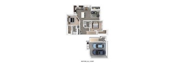 A floor plan of a two-story house with a garage and a car.