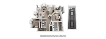 A 3D rendered image of a house layout with a car parked outside.