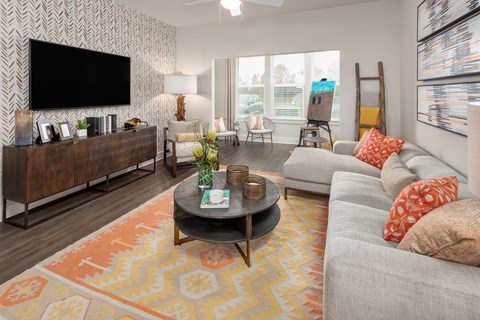 A living room with a grey couch, a coffee table, and a television.