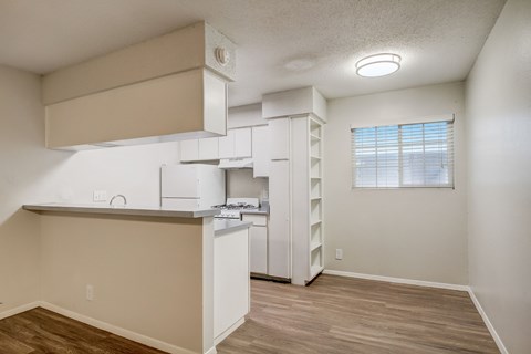 A kitchen area with a counter and cabinets.