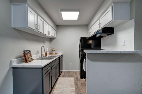 A kitchen with a black refrigerator and a marble countertop.