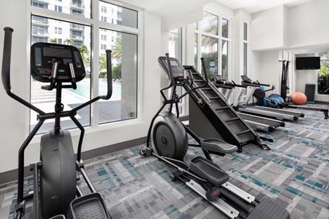 A gym with treadmills, elliptical machines, and a stationary bike.