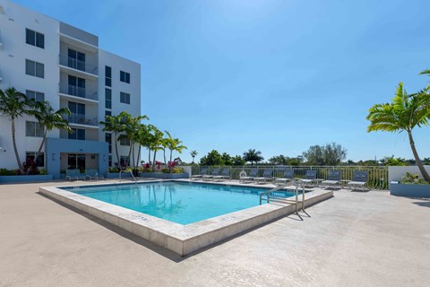 A pool surrounded by a white building and palm trees.