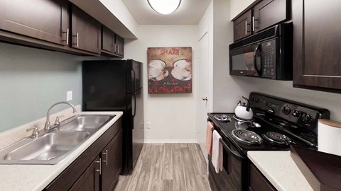 A kitchen with a black refrigerator, stove, and microwave.