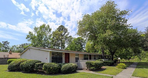A house with a grey roof and a red door is surrounded by green bushes and trees.