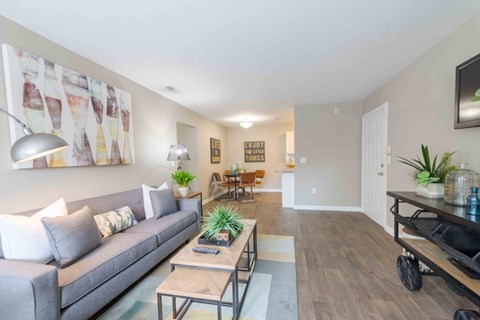 A living room with a grey couch and a coffee table.