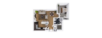 A top-down view of a modern living room with a kitchen area.