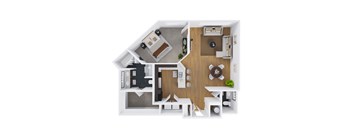 A top-down view of a modern apartment layout with a living room, dining area, kitchen, and bedrooms.