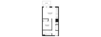 A black and white floor plan of a small apartment with a living area, bedroom, and bathroom.