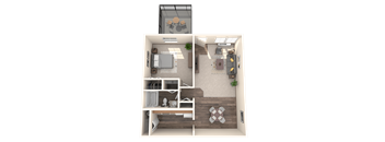 A top-down view of a house layout with a living room, kitchen, and two bedrooms.
