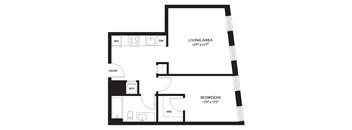 A floor plan of a bedroom and living area.