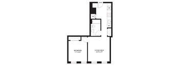 A black and white image of a floor plan for a bedroom and living area.