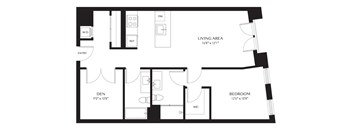 A black and white floor plan of a living area, den, and bedroom.