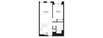 A floor plan of a room with a living area and a bedroom.