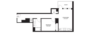 A black and white drawing of a house layout with a balcony, living area, bedroom, and bathroom.