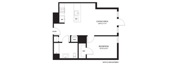 A floor plan of a living area and bedroom with a wheelchair accessible entry.