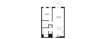 A black and white image of a floor plan for a bedroom and living area.