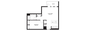 A black and white image of a floor plan for a bedroom and living area.