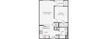A floor plan of a home with a living/dining room, kitchen, bathroom, and bedroom.