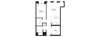 A black and white image of a floor plan for a home with a living area, bedroom, den, and bathroom.